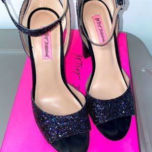 Betsey Johnson Black Glitter Strappy Heels